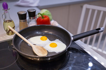 Fried eggs on pan in the kitchen