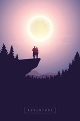 young couple looks to the full moon mystic nature landscape vector illustration EPS10