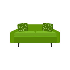 Colorful green sofa - home furniture element with patterned decorative cushions