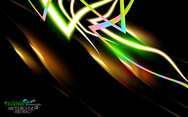 Neon glowing hi-tech futuristic abstract background, design concept of genetic engineering, analysis DNA molecule, optical fiber technology. Multicolored and black illustration. Biotechnology vector