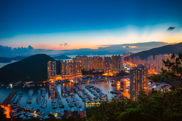 Aberdeen Typhoon Shelter, Hong Kong seen from Nam Long Shan, in Sunset time