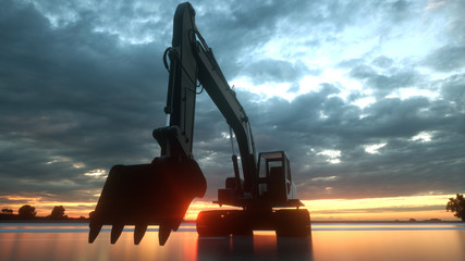 Heavy excavator over orange sunset background. 3d rendering © Laricha