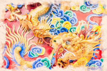 Chinese Dragon with illustration water painting effect for Asian art works postcard design.