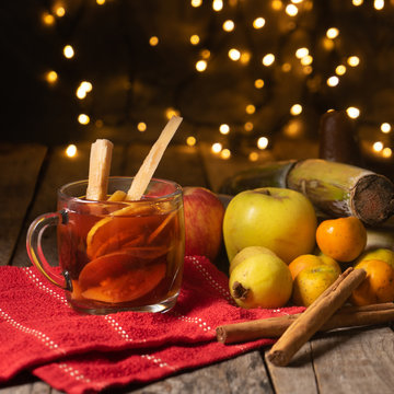 Mexican hot  christmas punch also called "ponche" with fruits