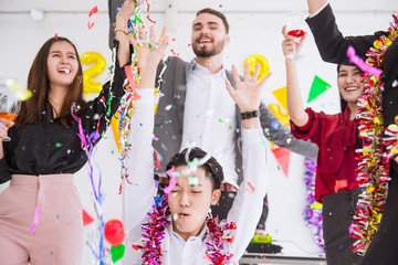 Business office party boss with staff funny enjoy new year celebration events.