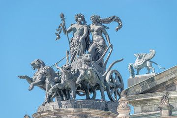 Old statue of Dionis and Aridna quadriga with four panthers on the top of the State Opera House in...