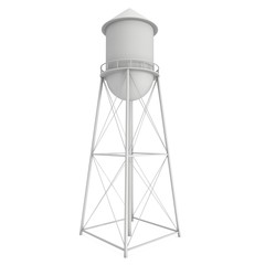 Water tower. Industrial construction with water tank. 3d render isolated on white