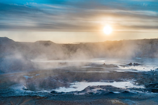 steaming mud holes and solfataras in the geothermal area of Hverir near lake Myvatn, northern Iceland