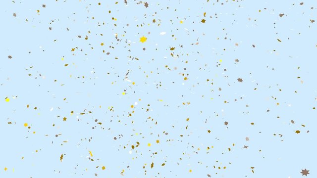 massive explosion of festive confetti, golden stars made of shiny foil sparkling on light blue, high resolution festive background with alpha-channel 4k