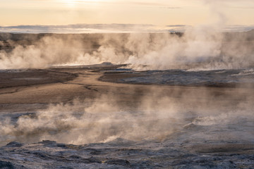 steaming mud holes and solfataras in the geothermal area of Hverir near lake Myvatn, northern...