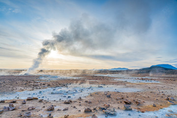 steaming mud holes and solfataras in the geothermal area of Hverir near lake Myvatn, northern Iceland