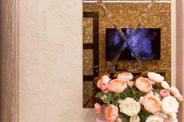 A fragment of the interior in the apartment. Wall with a mirror and stucco. Modern design and decor