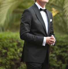 elegant man dressed in tuxedo for fantastic garden wedding in the background predominantly green