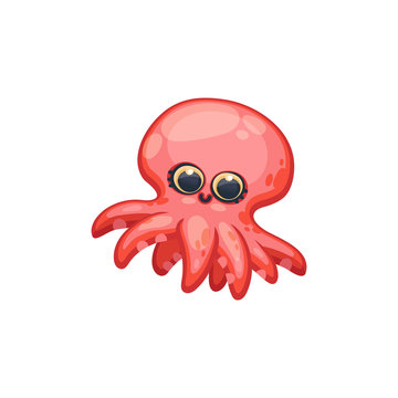 Underwater creature - pink cartoon octopus kawaii vector illustration isolated.