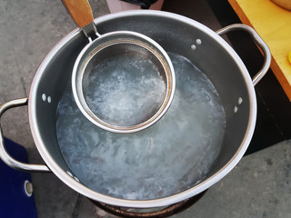 High Angle View of Boiling Water in Stainless Steel Pot