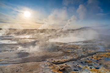 Fototapeta premium steaming mud holes and solfataras in the geothermal area of Hverir near lake Myvatn, northern Iceland