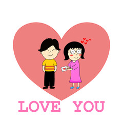Cute boy and girl falling in love. Valentine's Day concept, Hand drawn cartoon cute doodle style.