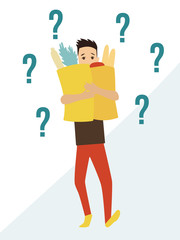 Finding solution. Young man with a product package with sign questions around.