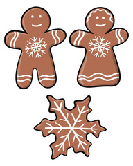Set of Christmas gingerbread isolated on white background. Vector cartoon set: Men, Woman, Snowflake. New Year and Merry Christmas gingerbread figures cover by glaze