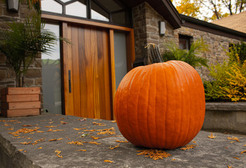 Large pumpkin standing at the front doors outside of the fancy home. Season outdoor decoration for the halloween in USA and Canada.