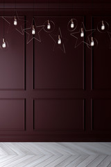 Classic dark red wall with molding. Edison lamp lights with copper stars and circles. 3d render