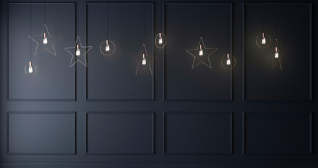 Classic dark blue wall with molding. Edison lamp lights with stars and circles