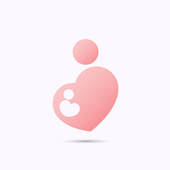 Simplified pink symbol of pregnant mother with baby in heart shape with heads, in stick figure style