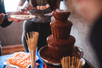 Vibrant Picture of Chocolate Fountain Fontain on a children kids birthday party with a kids playing around and dipping marshmallows and fruits into the fountain