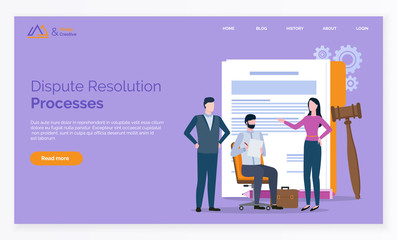 Obraz na płótnie Canvas Dispute resolution processes, documents and gavel. Man and woman solving problems, partners reconciliation, lawyer online, rights and notes vector. Webpage or website template, landing page flat style