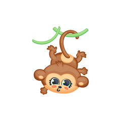 Cute cartoon baby monkey hanging on liana, kawaii vector illustration isolated.