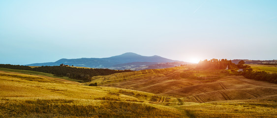 Tuscany, rural landscape. Rolling hills, countryside farm, cypresses trees, green field on warm sunset. Italy, Europe.