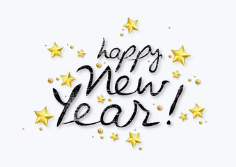 Happy New Year Hand Written Lettering with Golden Stars and Balls - Modern Festive Illustration on White Background, Vector