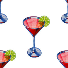 Watercolor seamless pattern with drinks party. Hand Drawn illustration