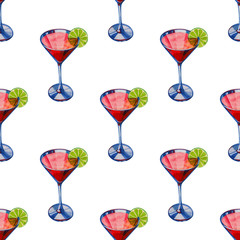 Watercolor seamless pattern with drinks party. Hand Drawn illustration