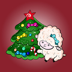 Vector illustration of a lamb sitting by a decorated New Year and Christmas tree with toys and a star on the background