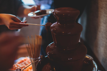 Vibrant Picture of Chocolate Fountain Fontain on a children kids birthday party with a kids playing...