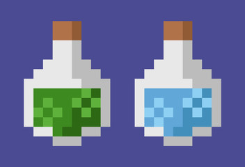 Elixirs for healing vector, isolated glass bottles with potion for curing or poison, pixel game elements, graphics of 80s 8 bit games, magical liquids set