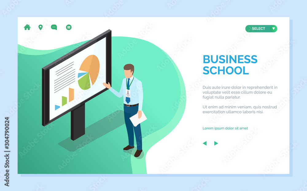 Poster business school vector, businessman showing whiteboard with pie diagram and data to learn. conferenc