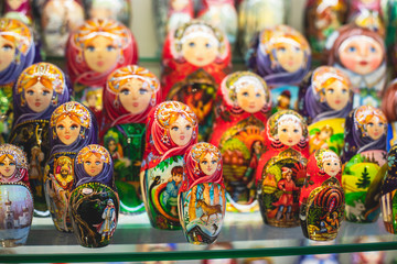 View of traditional souvenirs from Moscow, Russia, with fridge magnets with 