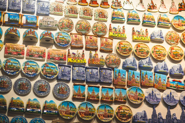View of traditional souvenirs from Moscow, Russia, with fridge magnets with 