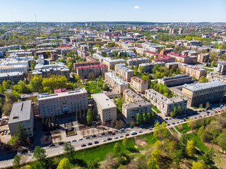 Beautiful aerial air summer vibrant view of Petrozavodsk, Russia, the administrative center of Republic of Karelia, with Onega Lake shot from drone