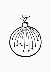 Hand drawn christmas ball isolated. Vector sketch black and white background illustration icon doodle