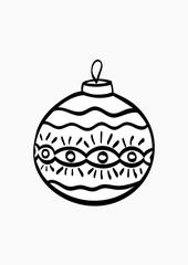 Hand drawn christmas ball isolated. Vector sketch black and white background illustration icon doodle