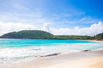 Fototapeta na wymiar Idyllic tropical beach in Caribbean with white sand, turquoise ocean water and blue sky