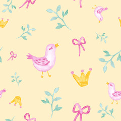 Birds and princess crown watercolor painting - hand drawn seamless pattern on yellow
