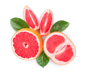 Grapefruit and slices with leaves isolated on white background. Top view. Flat lay