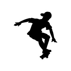 Fototapeta na wymiar Teen or boy black silhouette with skateboard, vector illustration icon isolated.