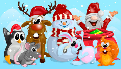 Merry Christmas illustration with Santa Claus, snowman, deer, penguin, rat, Bunny and squirrel in cartoon style to design your cards.