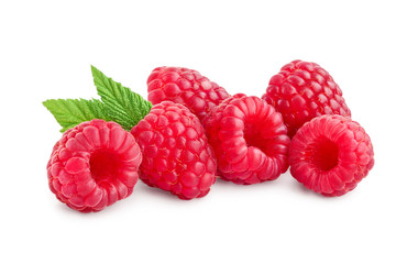 Ripe raspberries with leaf isolated on a white background