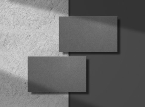 Two Black Business Cards On Concrete Background. Mock Up. Template For Corporate Identity. Empty Objects To Place Your Design. Top View. Illustration.